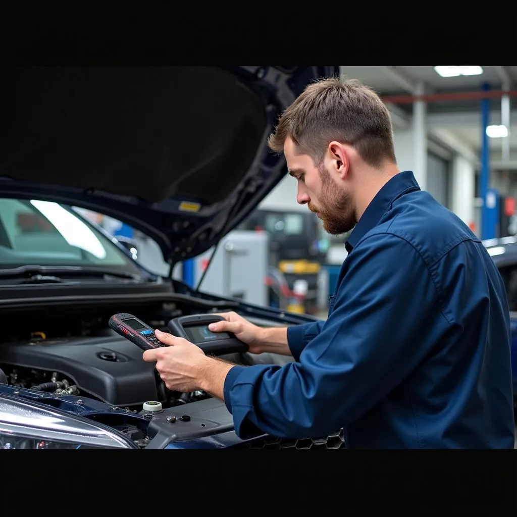 ASEAN mechanic using a diagnostic tool