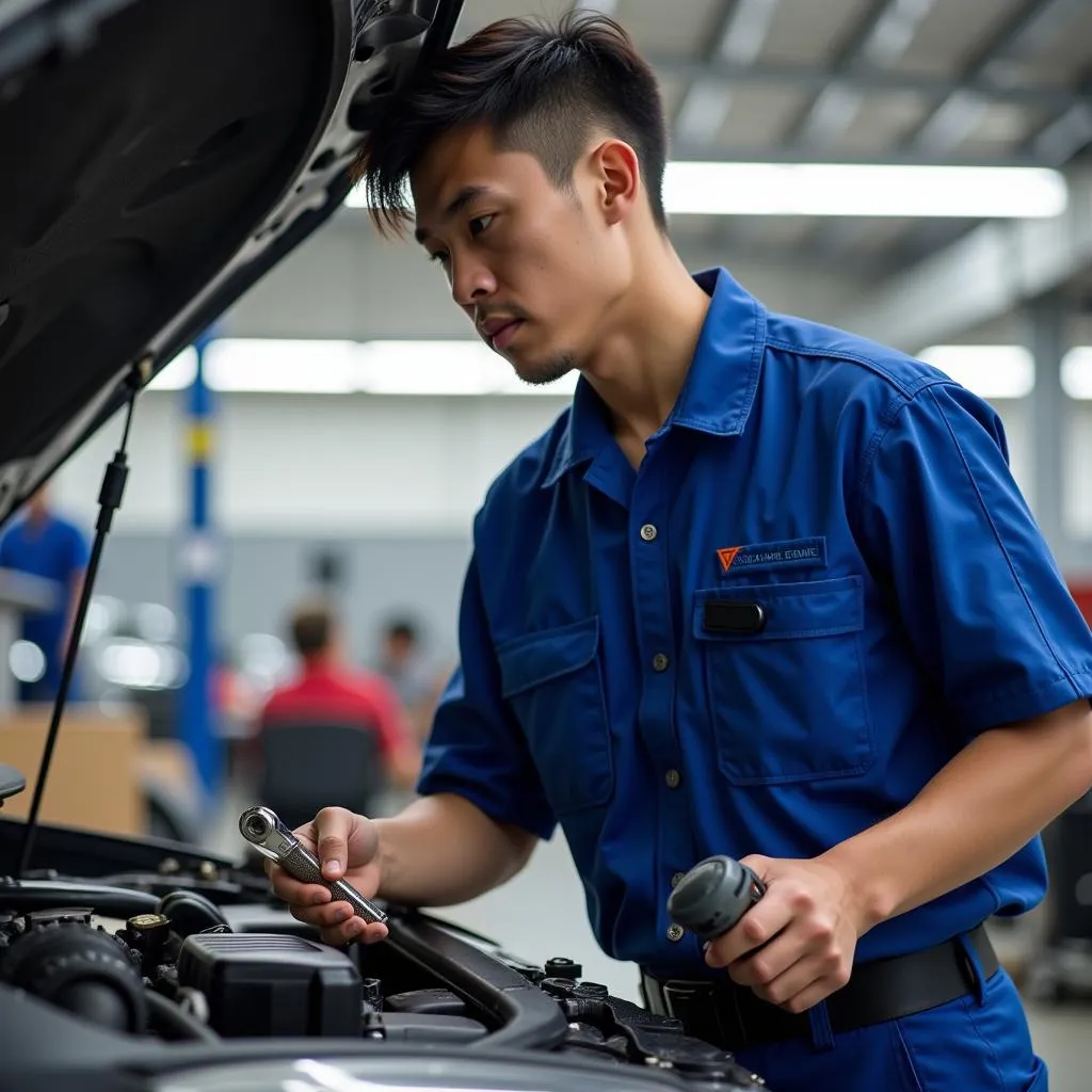 ASEAN mechanic working on a car