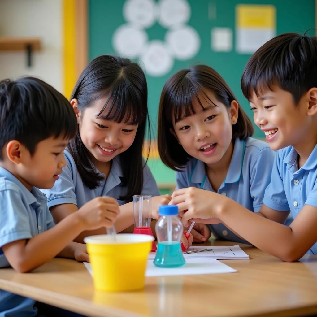 Students Engaging in Hands-on Science Experiment in an ASEAN Primary School