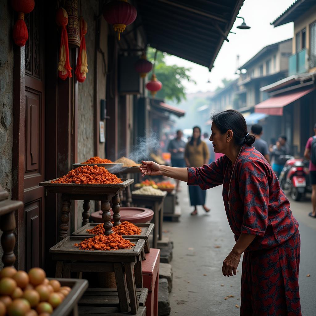 An elderly woman lighting incense at a small roadside shrine