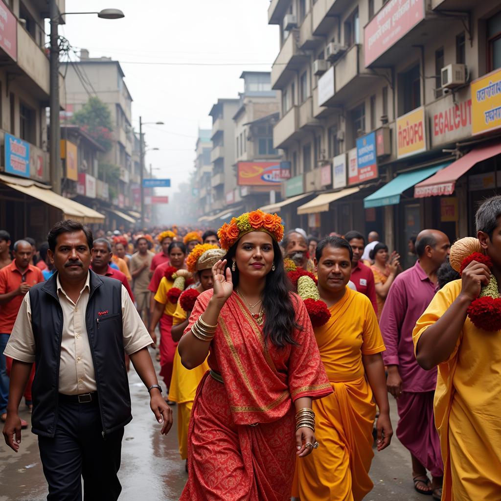 A colorful religious procession taking place on a busy street in Southeast Asia