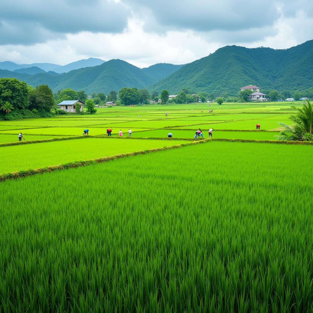 Rice farmers in Southeast Asia working in paddy fields