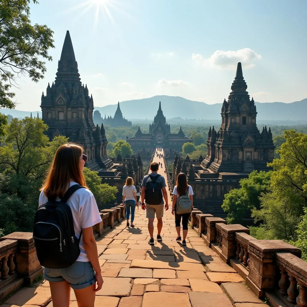 Tourists exploring Southeast Asian temples