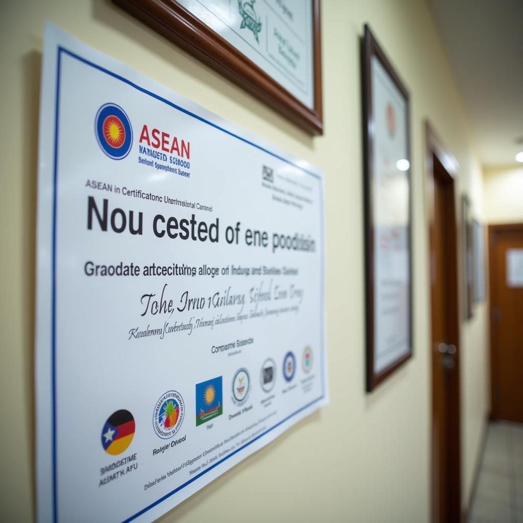 An accreditation certificate displayed prominently in an ASEAN school