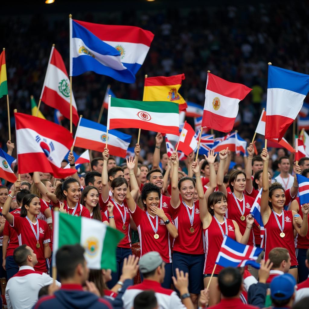 Athletes waving flags during the closing ceremony