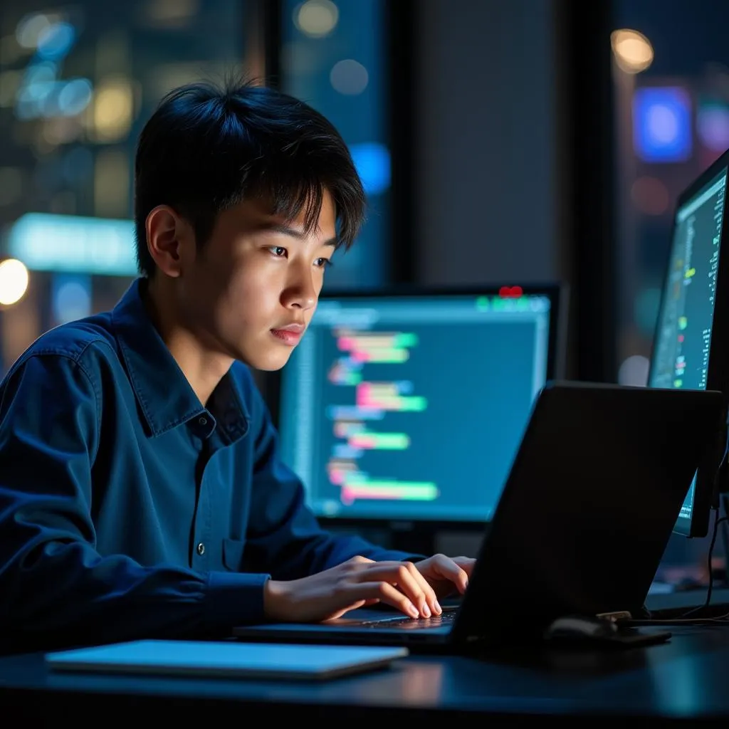 ASEAN software engineer working diligently on a laptop