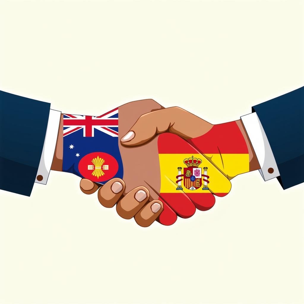 Handshake between hands superimposed with ASEAN and Spanish flags