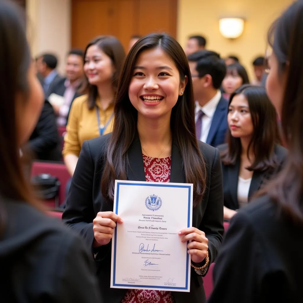 A student receiving an award certificate