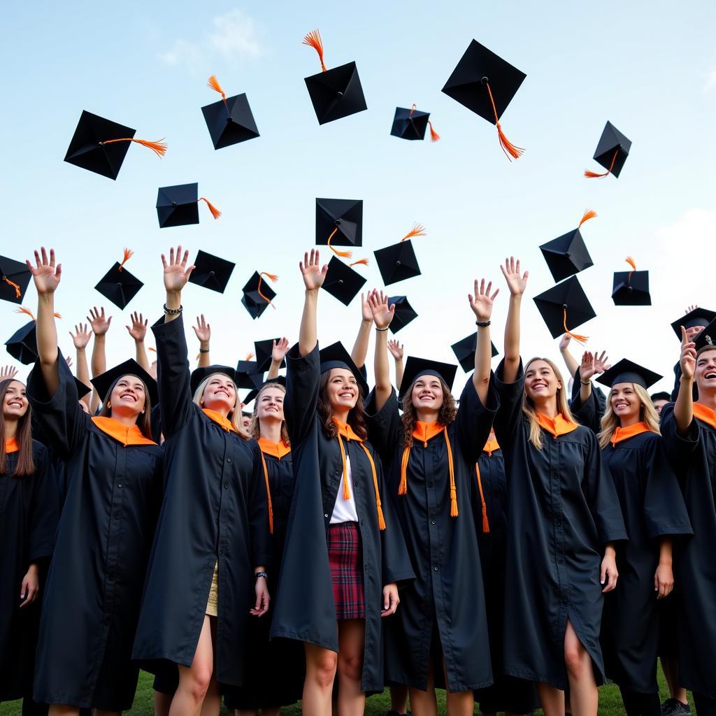 Group of students in graduation gowns celebrating with their diplomas