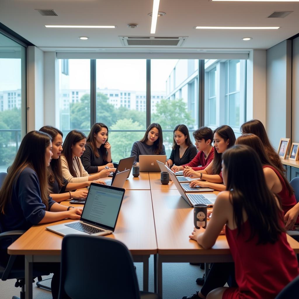 Students from different ASEAN countries working together on a project in a modern classroom