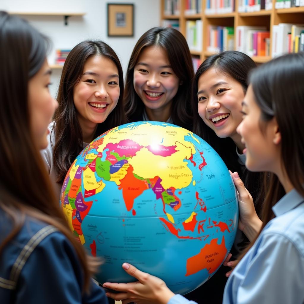 Students from different ASEAN countries surrounding a globe