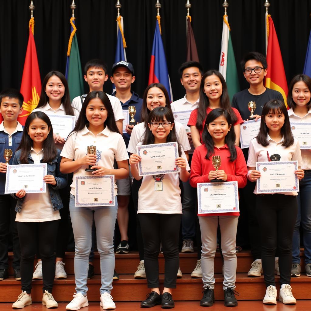 Students from different ASEAN countries receiving awards at an educational competition ceremony