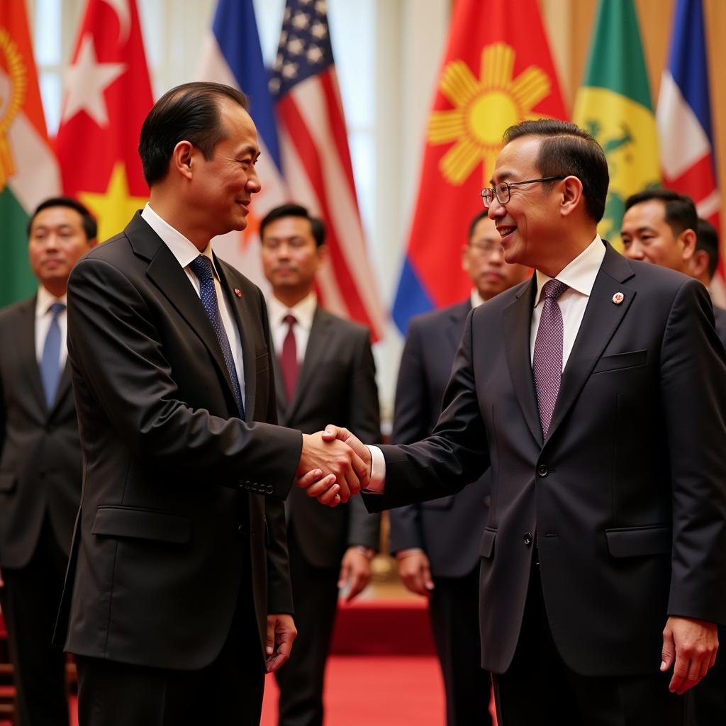 ASEAN summit with diplomats from different countries shaking hands