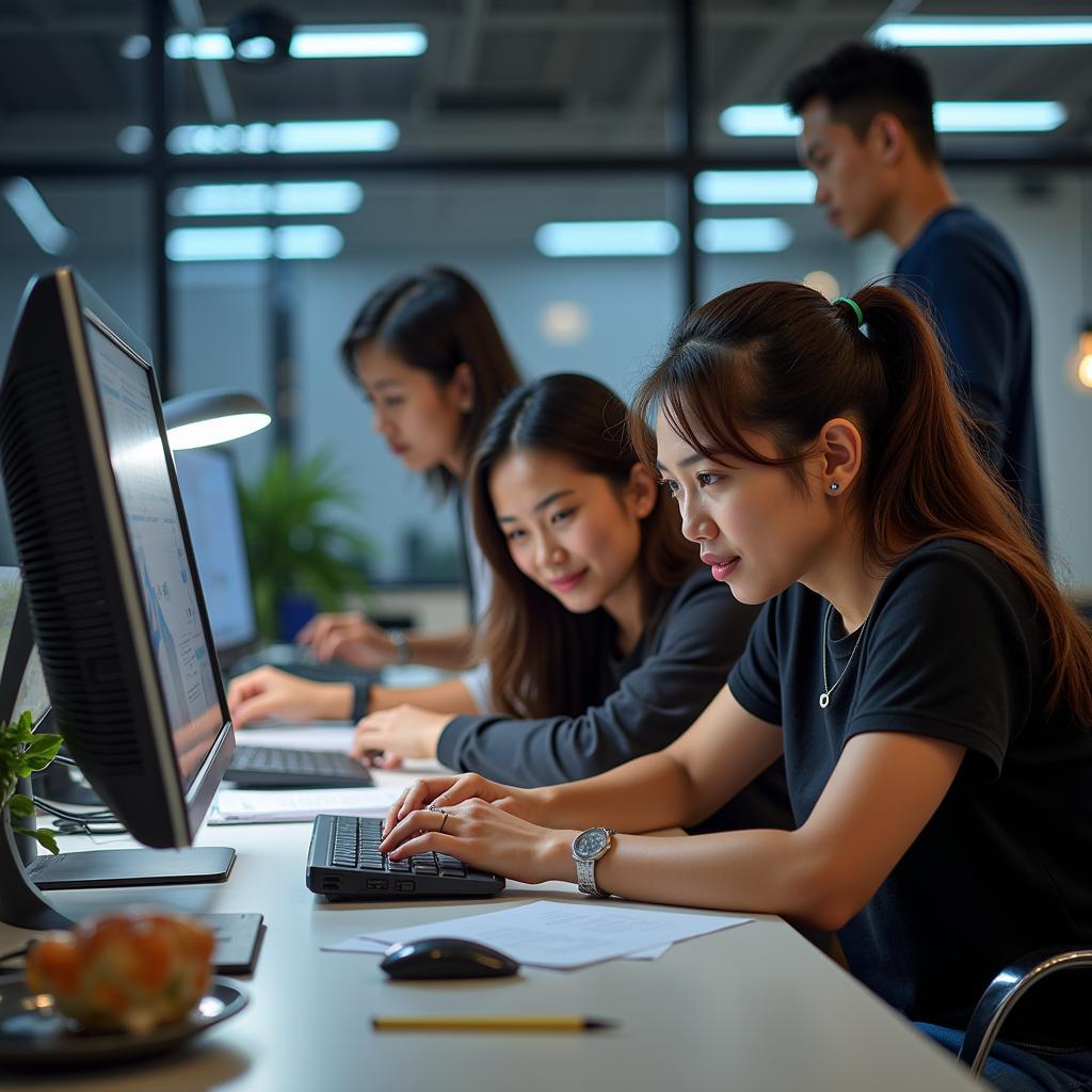 ASEAN Tech Talent Development - An image showcasing a diverse group of young professionals collaborating on a tech project in a modern office setting, emphasizing the importance of skilled workforce development.