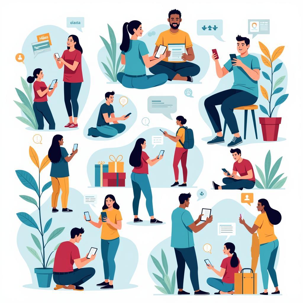 ASEAN Techs Mobile-First Solutions - A vibrant illustration depicting people using smartphones for various activities like online shopping, mobile banking, and online learning, highlighting the mobile-first approach in Southeast Asia.