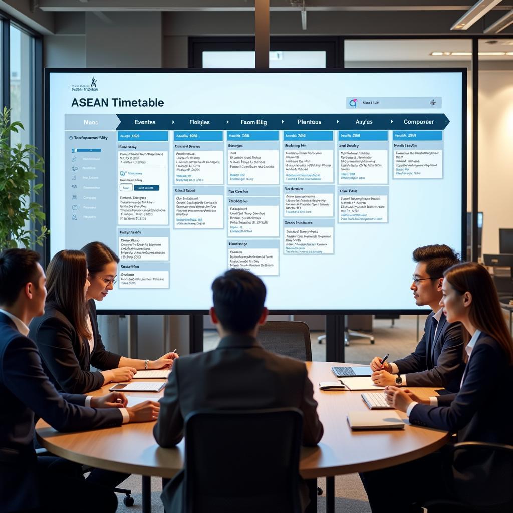 Business meeting with ASEAN timetable software displayed on screen