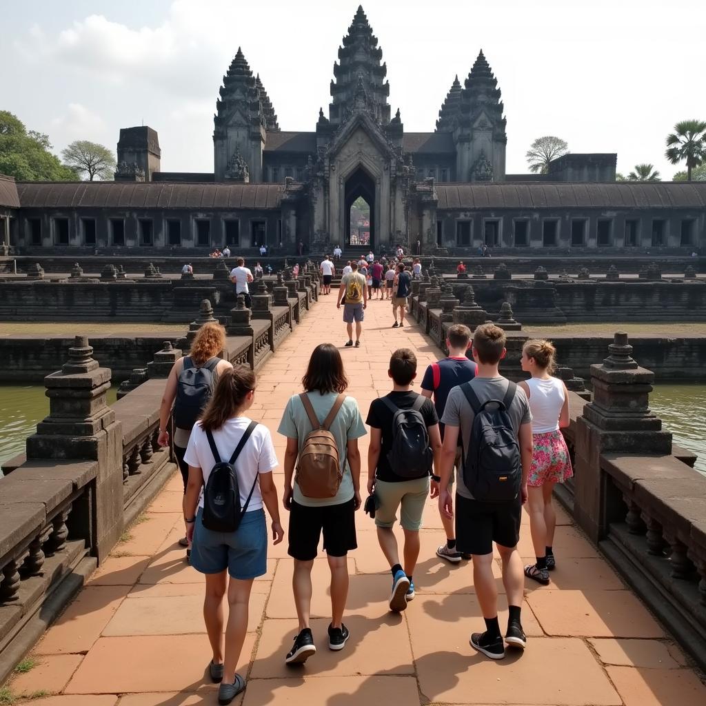 Group of travel bloggers exploring ancient ruins in Southeast Asia