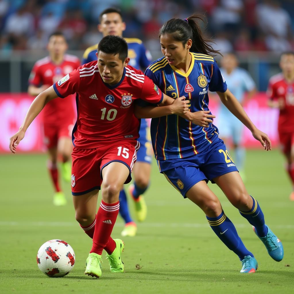 ASEAN U16 Championship: Players from two teams battling for the ball in an intense match