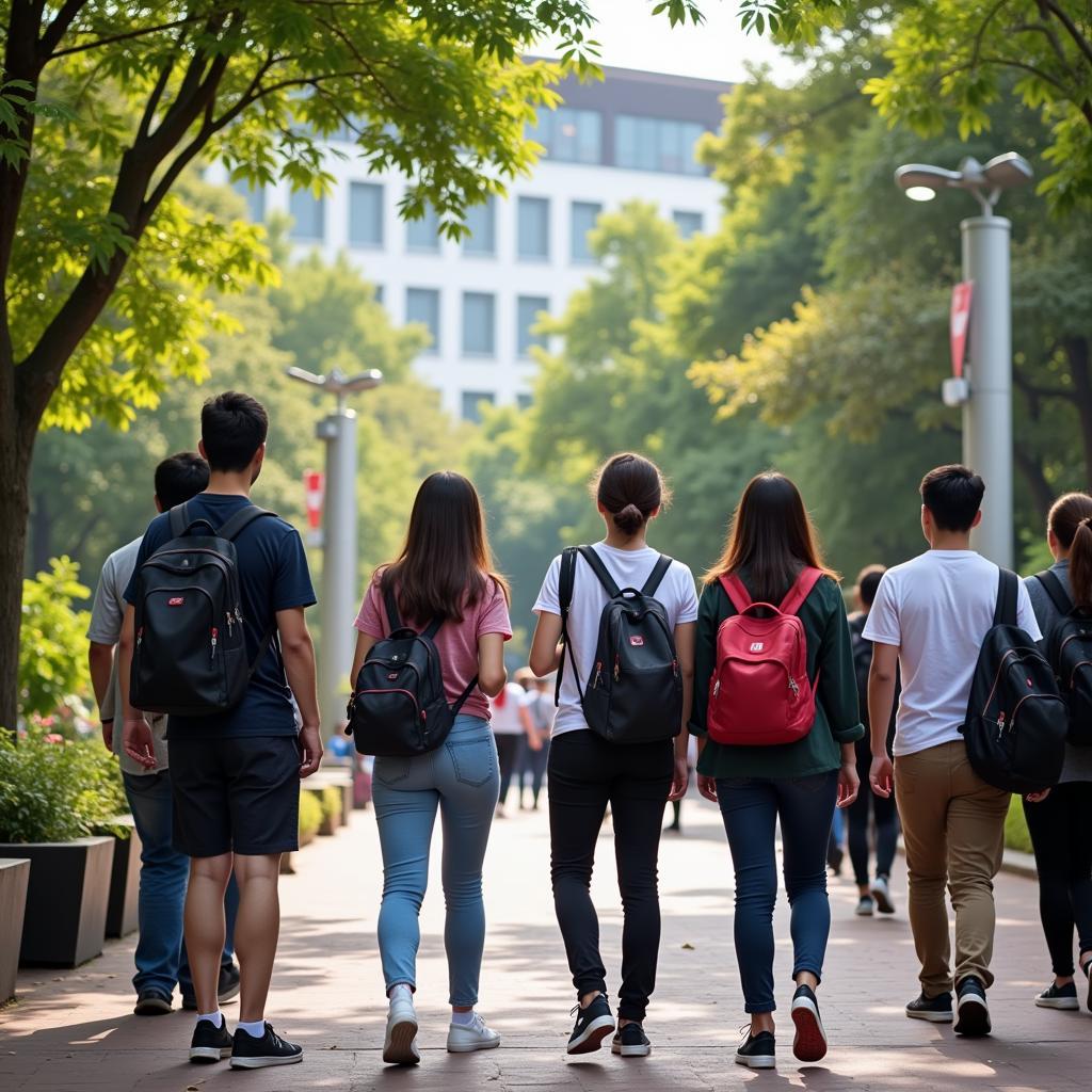 Students from diverse backgrounds interacting on a vibrant university campus.