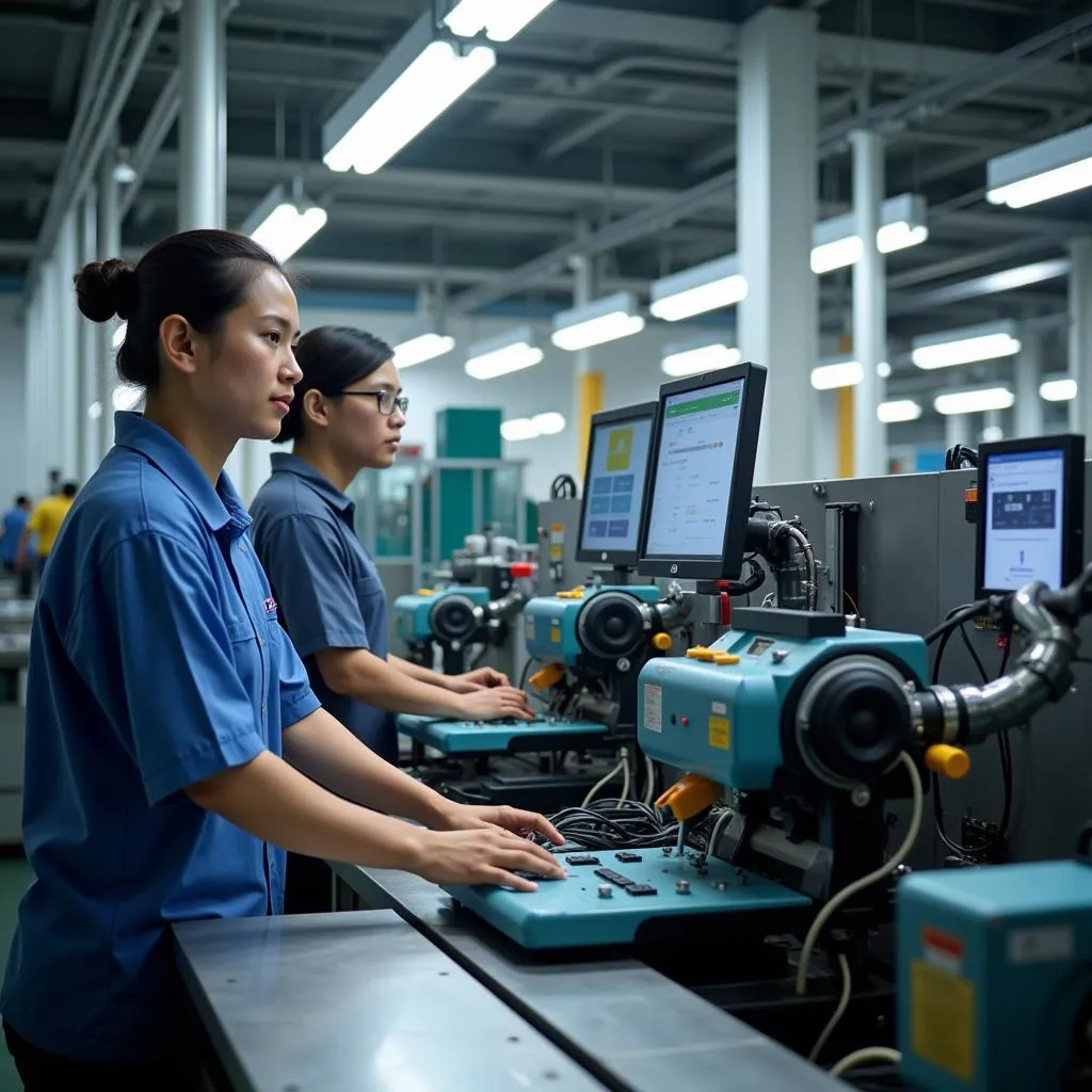 Skilled ASEAN workers operating machinery in a modern manufacturing facility