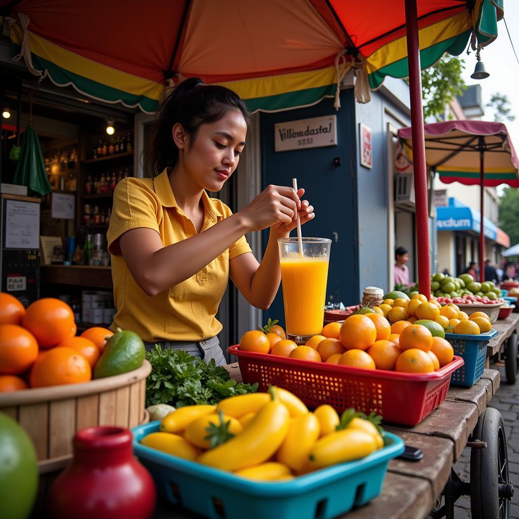 A vibrant street vendor preparing fresh juice