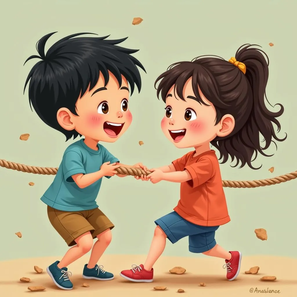 Asian children playing tug-of-war