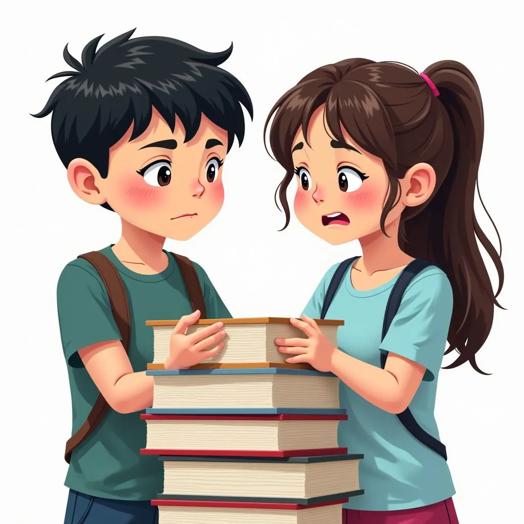 Two Asian teenagers arguing over books