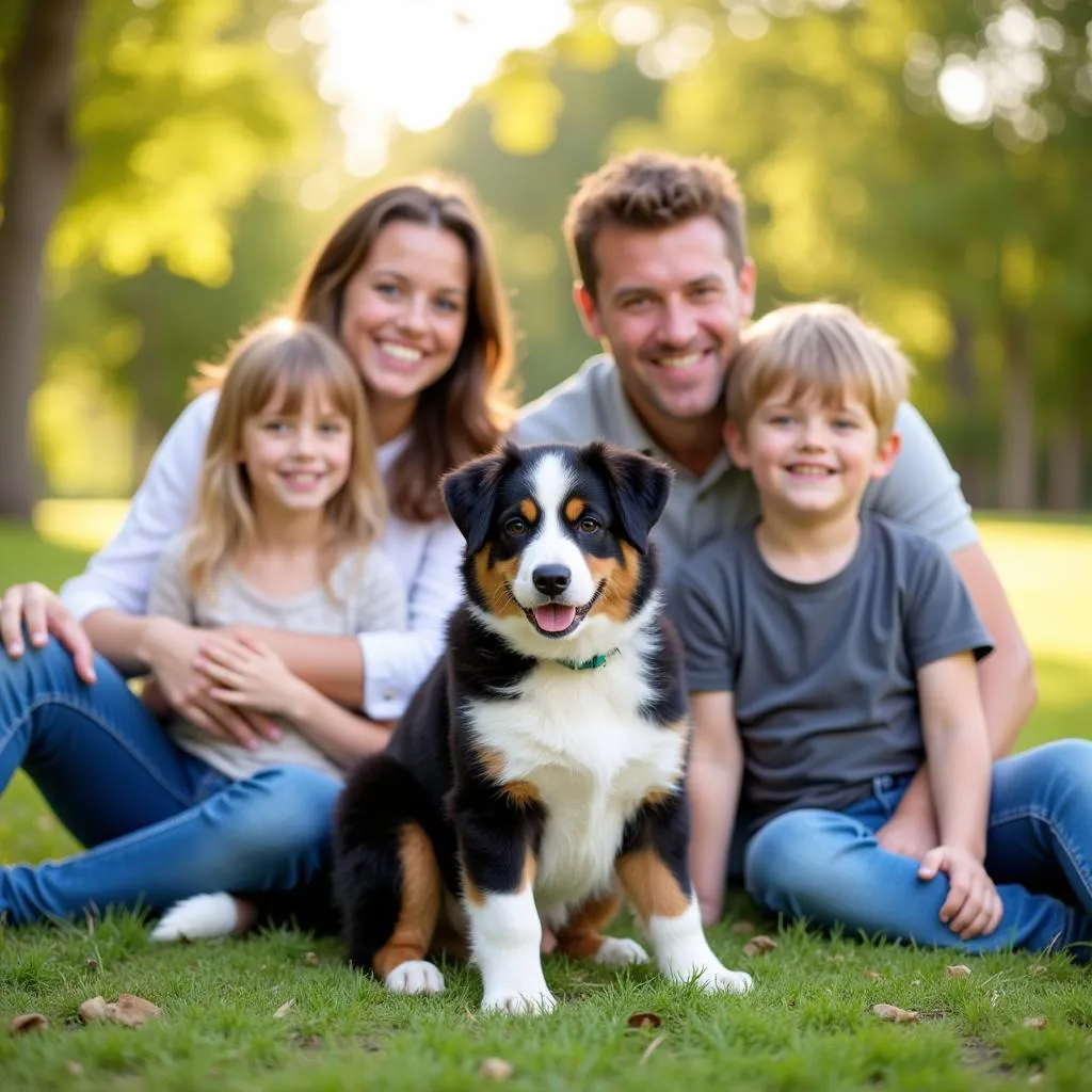 Family with an Australian Shepherd puppy