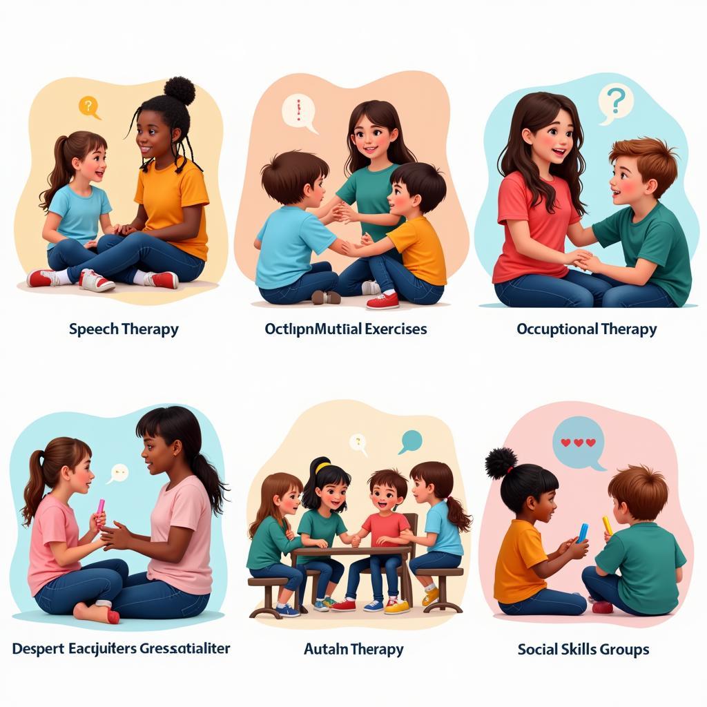 A collage showcasing various autism therapies like speech therapy, occupational therapy, and social skills training.