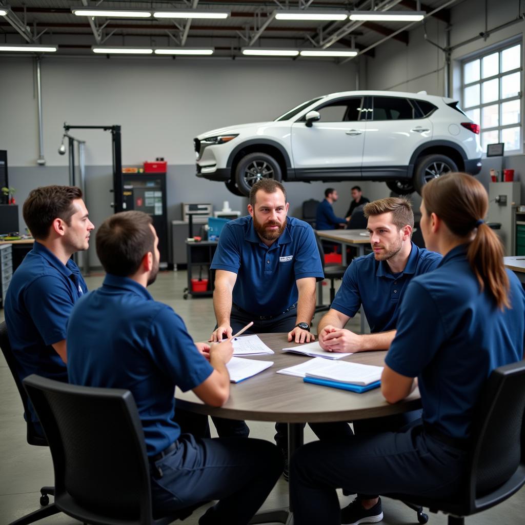 Automotive Service Manager Leading a Team Meeting