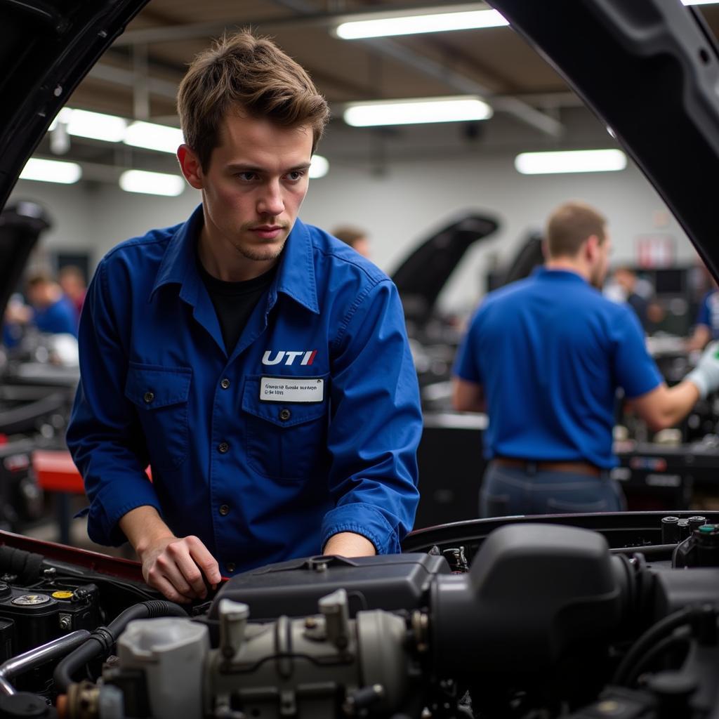 Automotive Student Working on Engine in Workshop