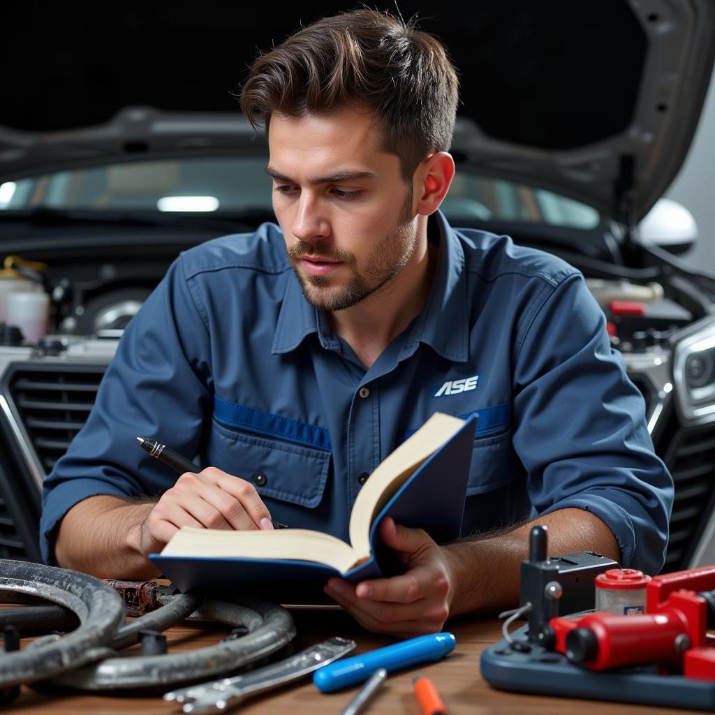 Automotive Technician Studying for ASE Exam