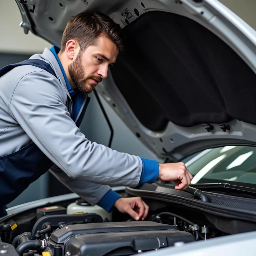 Automotive Technician Working on a Car's Engine