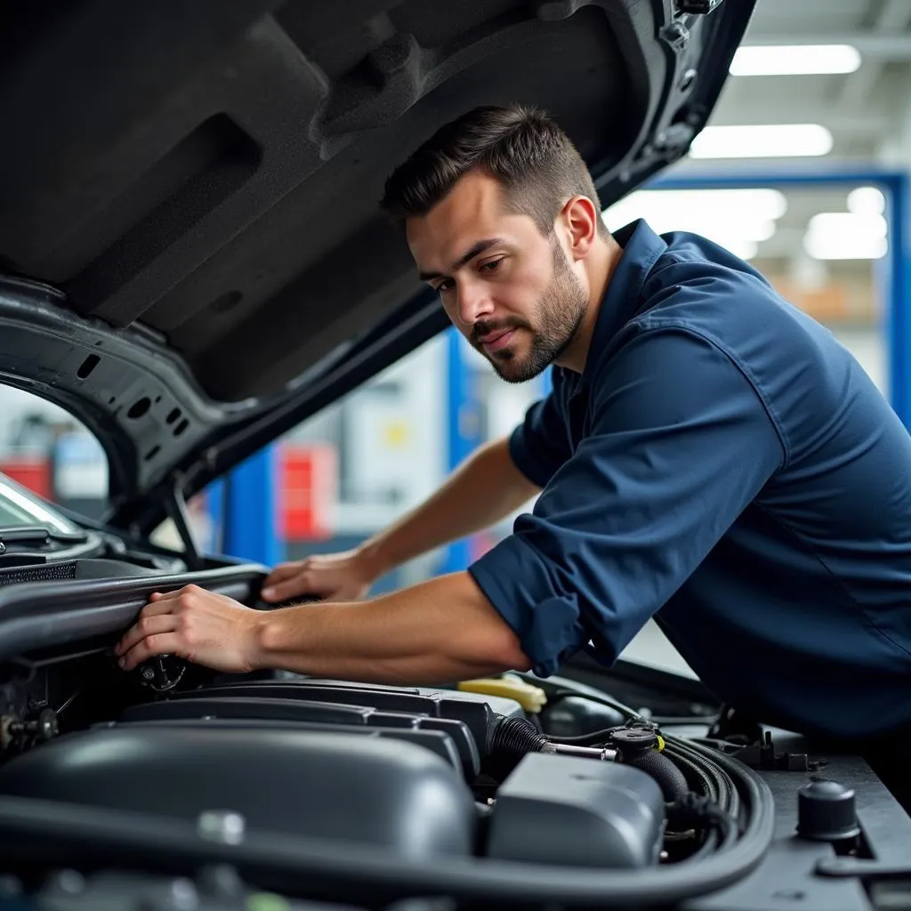 Automotive Technician Working on Engine