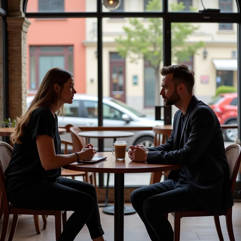 Couple on a first date at a cafe, appearing disinterested