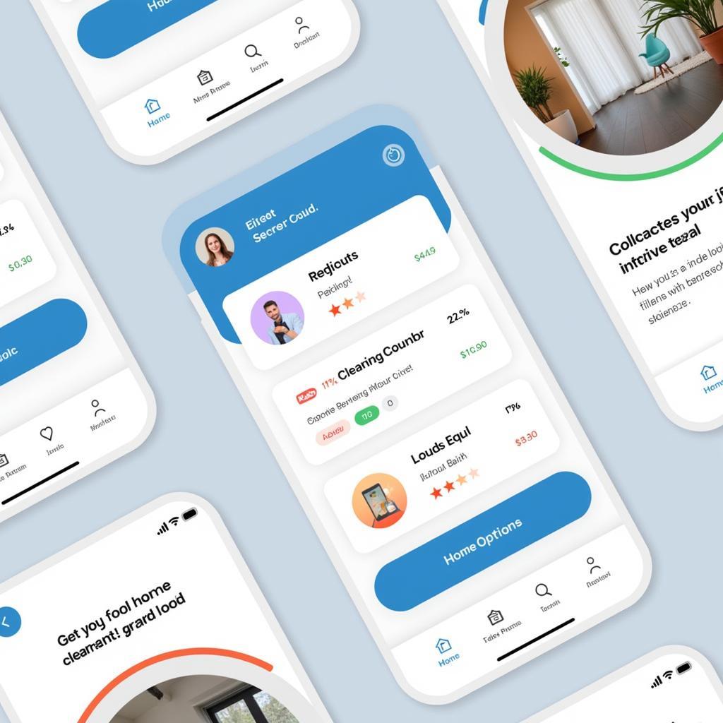 Smartphone screens showcasing user-friendly cleaning app interfaces
