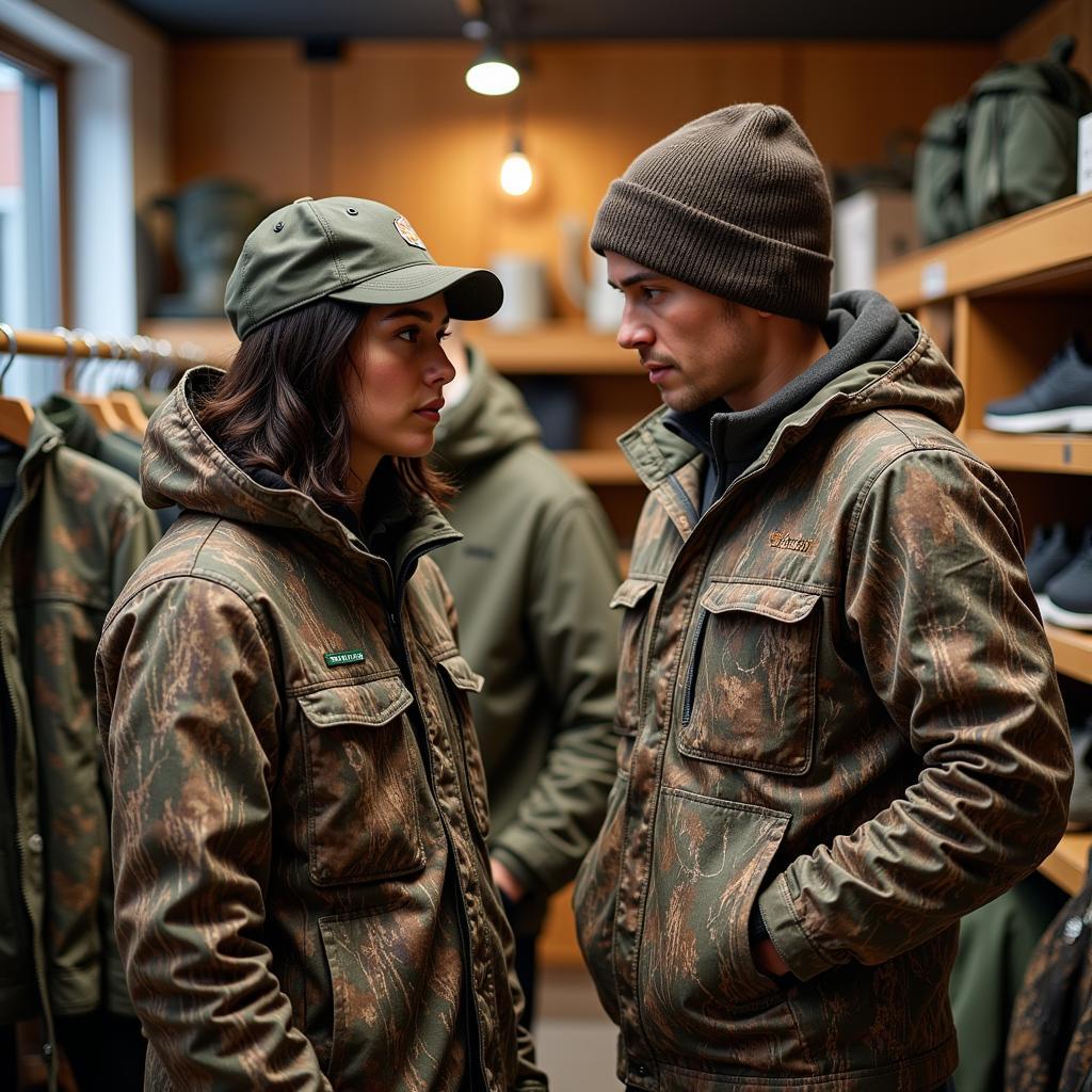 Outdoor enthusiasts browsing through a selection of hunting gear in Turku