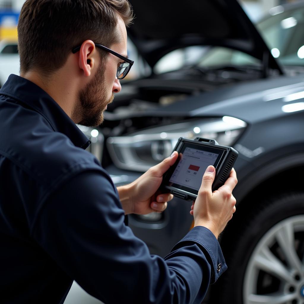 BMW Mechanic Using Diagnostic Tools