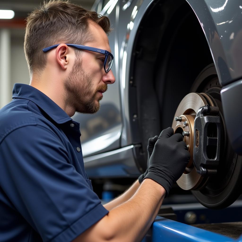  ASE Certified Technician Inspecting Brakes