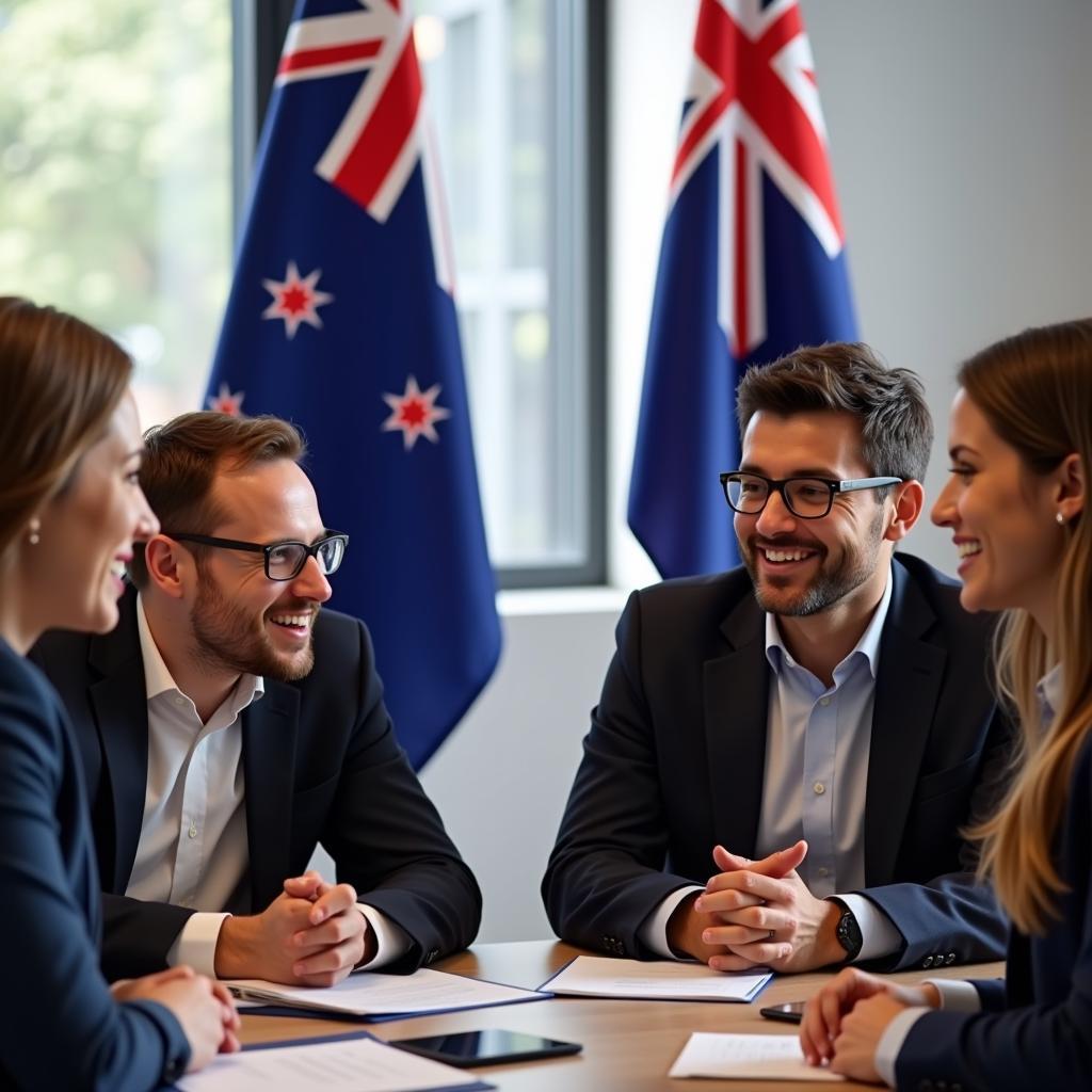 Businesspeople Collaborating with AANZFTA Flags in the Background