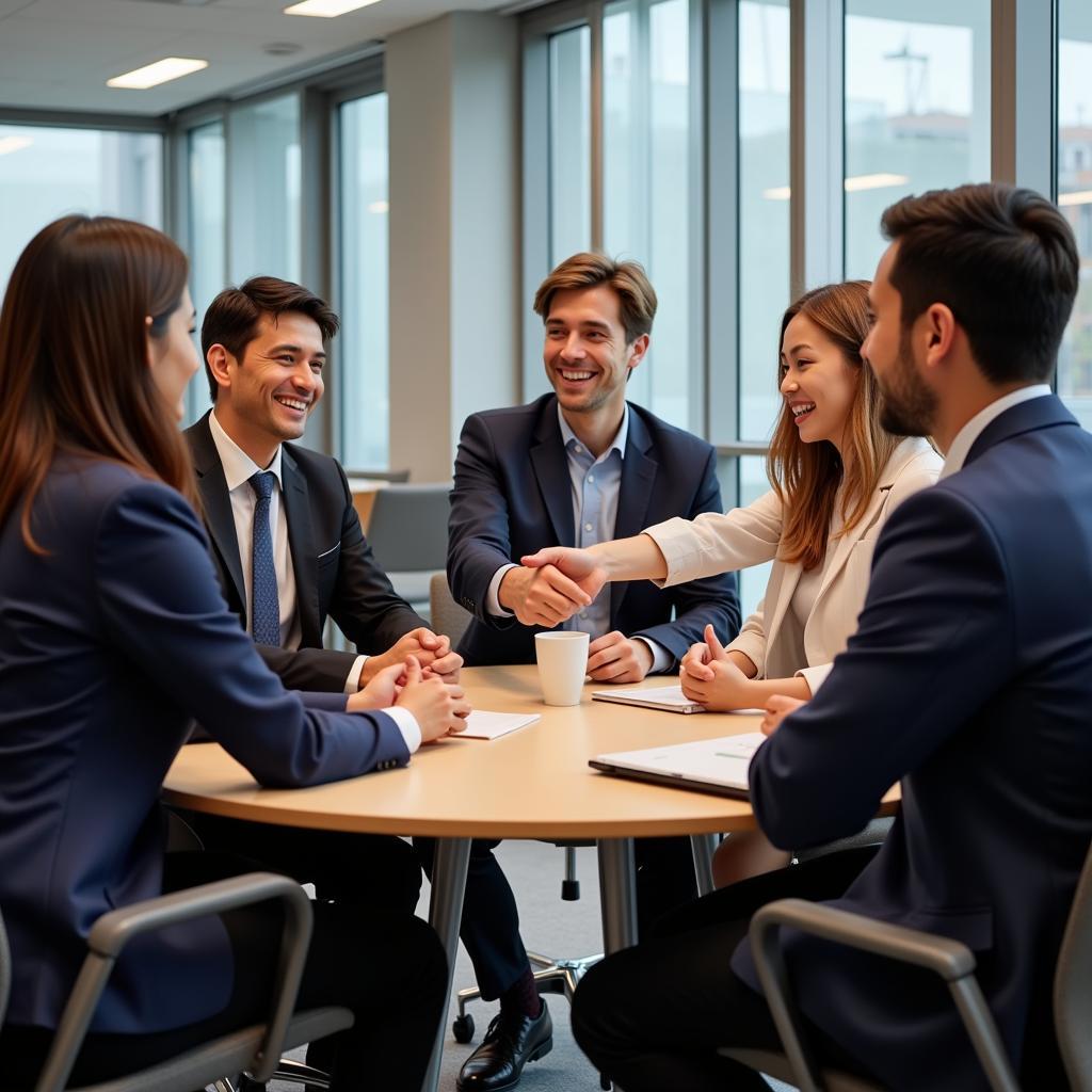 Business people shaking hands in an ASEAN conference room