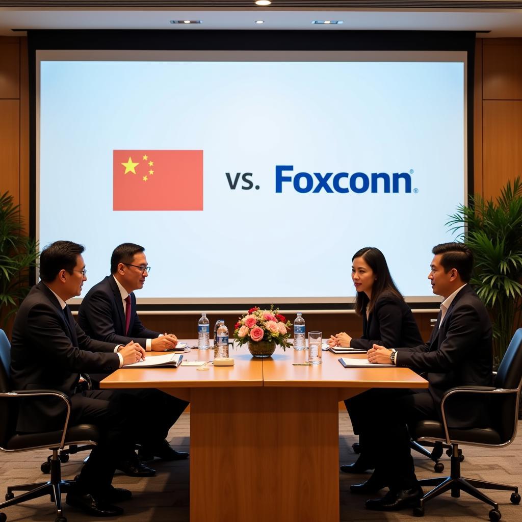 Business executives from ASEAN countries and Foxconn shaking hands during a meeting