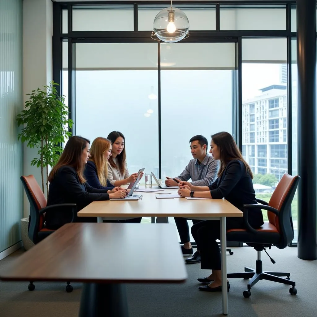 Business professionals in Singapore discussing contracts