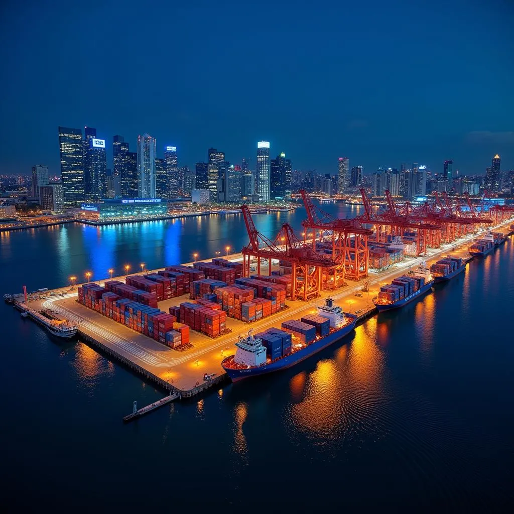 Bustling Trade Port in Singapore at Night