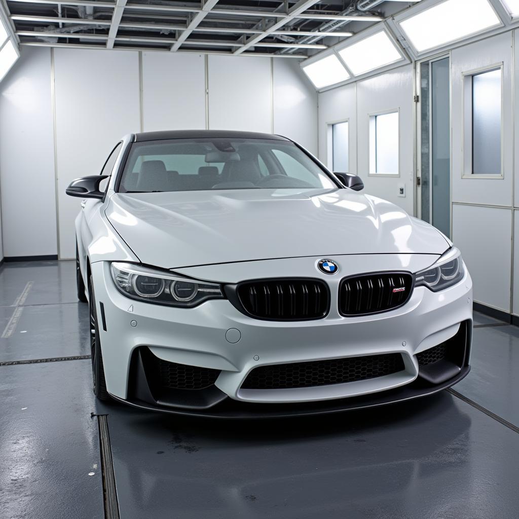 Car Being Painted with Waterborne Paint in a Professional Booth