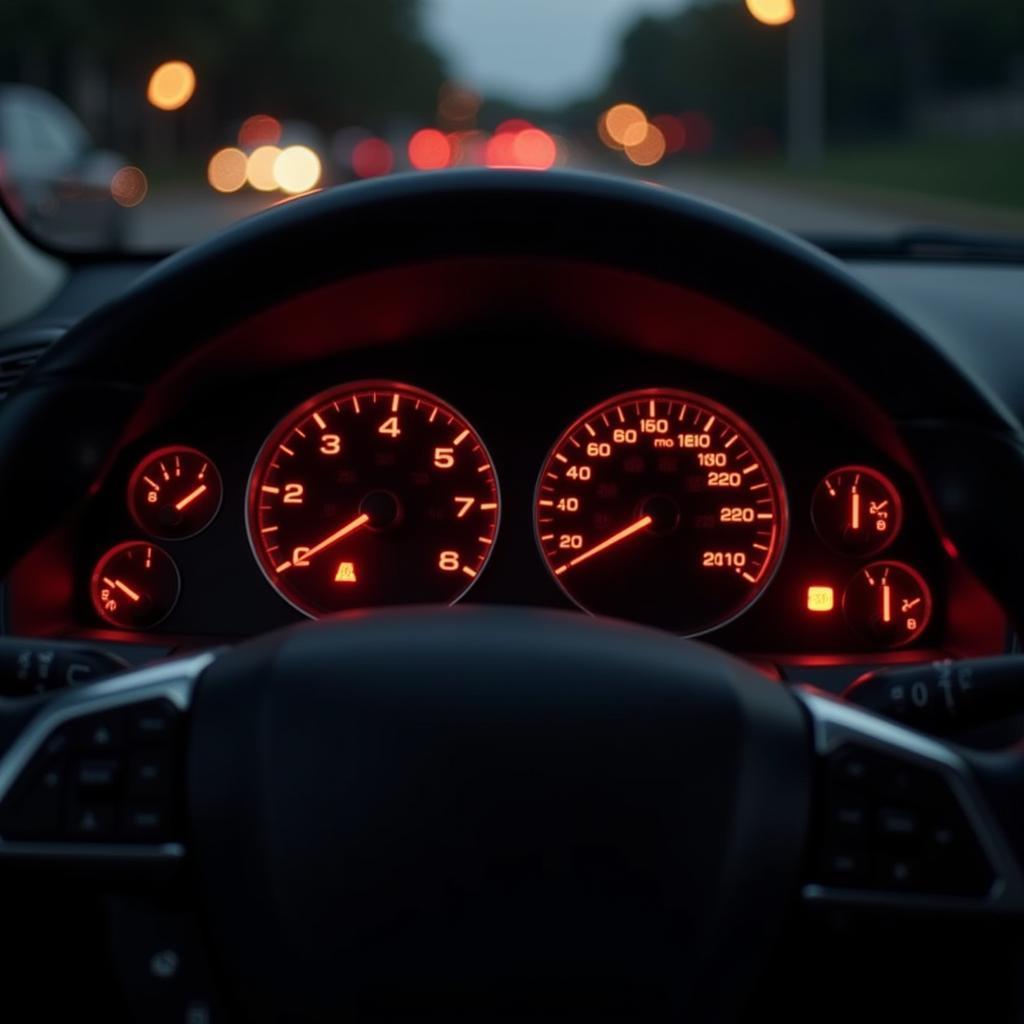 Dashboard of a car with warning lights illuminated