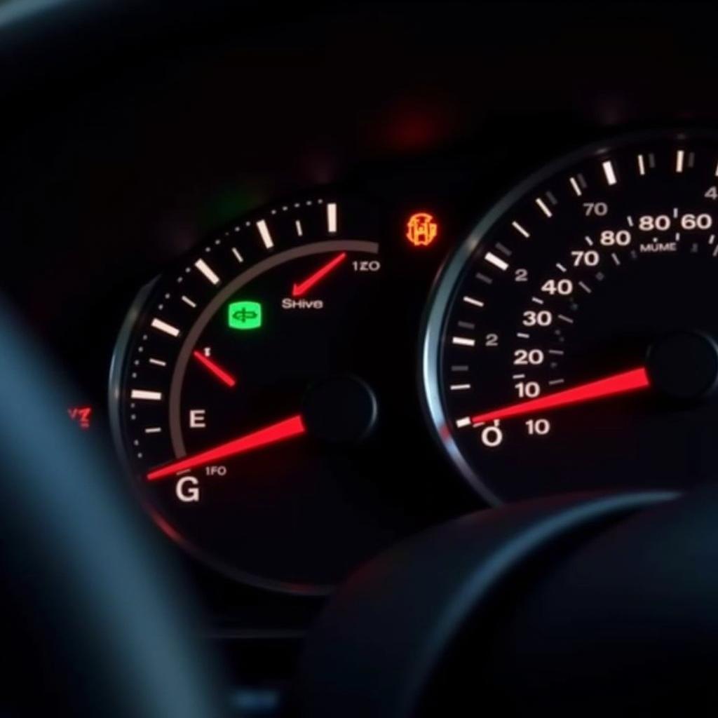 Car dashboard with multiple warning lights illuminated