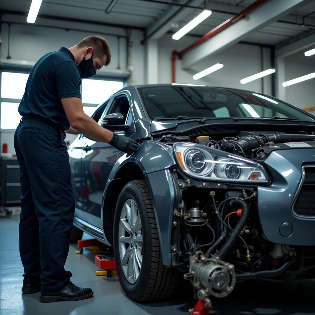 Car Undergoing Repair in a Shop