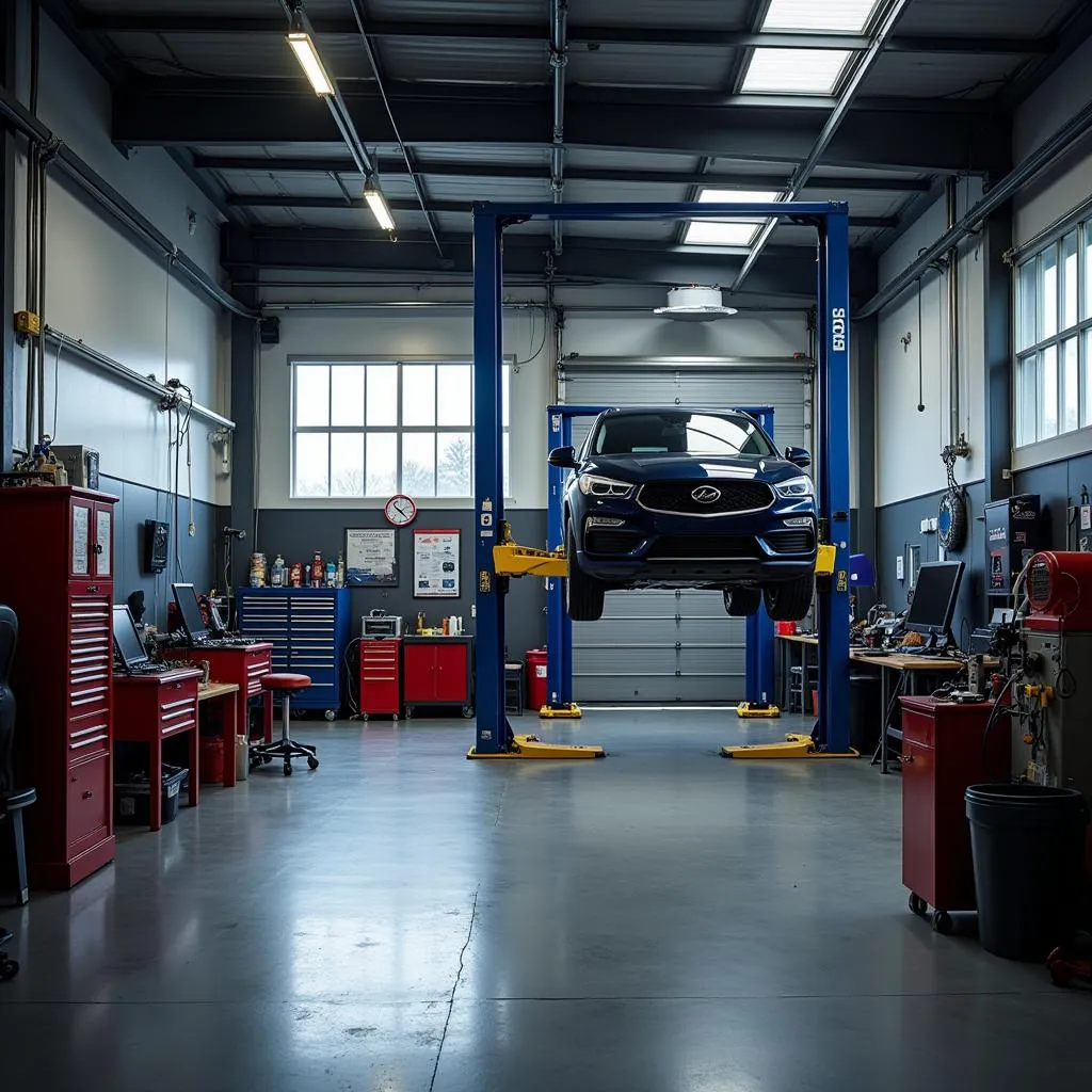 Car on a Lift in a Garage