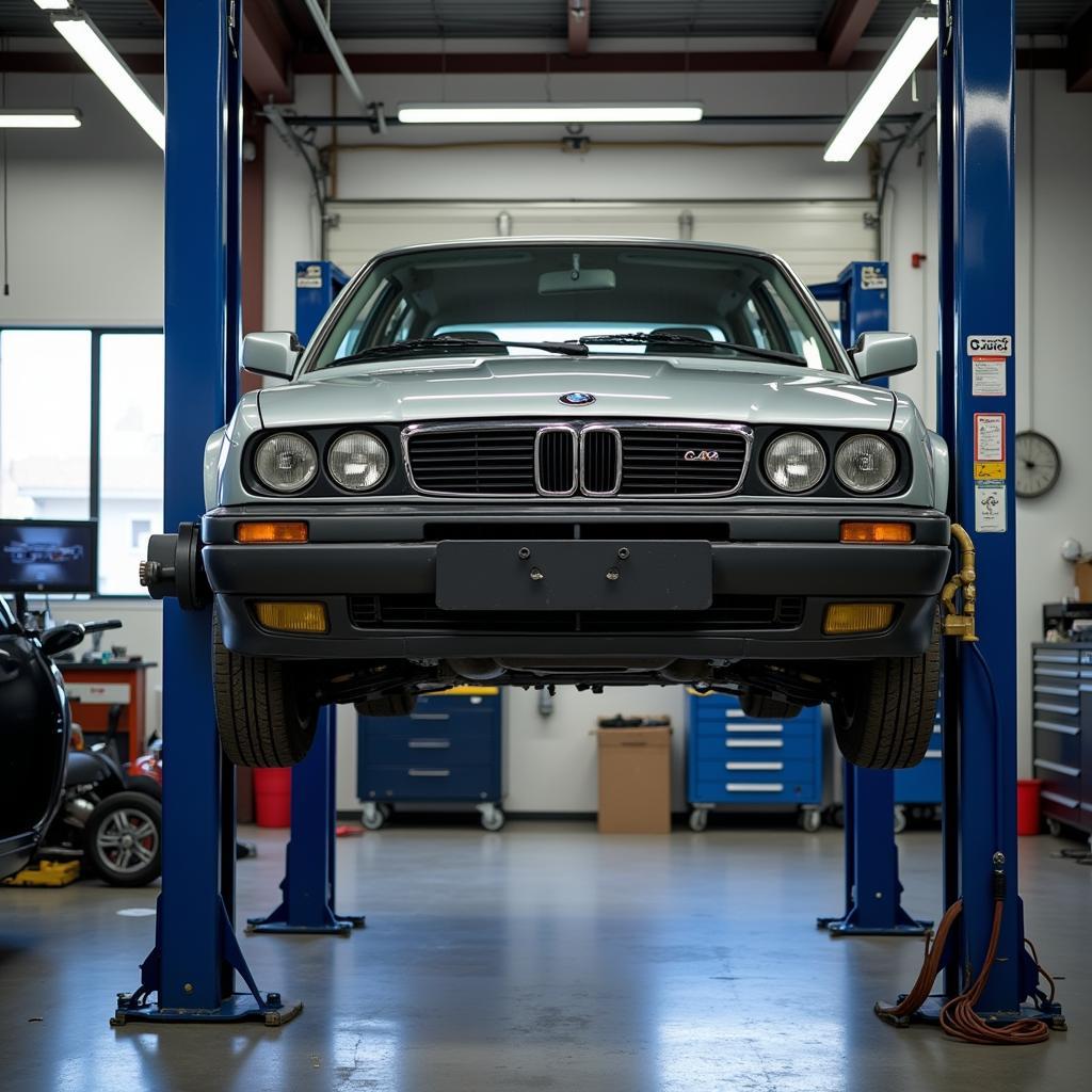 Car on a Lift in a Repair Shop